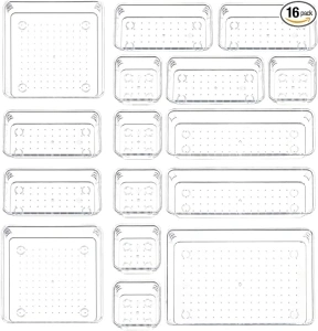 Clear 16-Piece Drawer Organizer with Non-Slip Silicone Pads, Versatile 5-Size Desk Storage Trays for Makeup, Jewelry, and Utensils - Ideal for Dresser, Office, and Kitchen