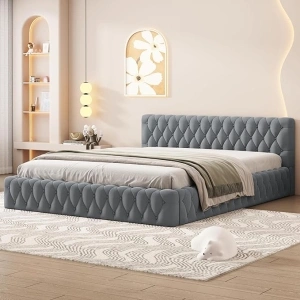 Platform Bed Queen Size,Velvet Upholstered Bed with Luxurious Diamond Grid Headboard,Queen Size Wood Platform Bed Frame for Adults Bedroom Furniture,Floor Bed