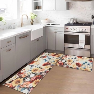 Boho Floral Kitchen Rugs Mats for Floor Bohemian Vintage Flower Kitchen Rug Washable Non Slip Comfort Standing Mat, 17