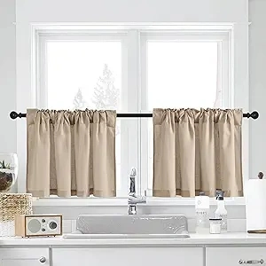 NICETOWN Angora Kitchen Curtains 24 Inch Length for Small Windows 2 Panels Back Tab Pocket Linen Textured SheerShort Cafe Curtain for Bathroom Laundry Garage Shelves Vintage Farmhouse, 55