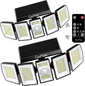 Solar Lights Outdoor Waterproof, Security Flood Light Dusk to Dawn, Powered Spotlights, Motion Sensor Spot Lamp for Yard, Outside House Patio Backyard Porch 300 LED (5Head*2Pack)