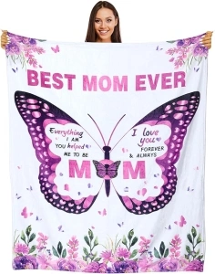 MATHACINO Mom Blanket Gifts for Mom - Christmas, Mothers Day, Birthday Gift for Mom from Daughter Son - Best Mom Ever Butterfly Blankets Gift for Mom