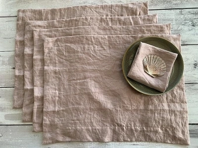 Eight Owls Stonewashed Linen Placemats – 15” x 20”– Set of 4-100% Pure Linen Cloth - Mitered Corners – 2