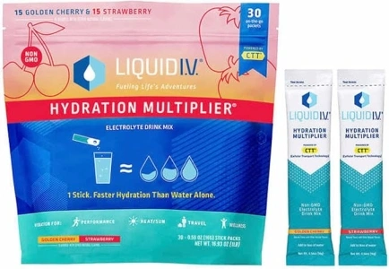 Liquid I.V. Hydration Multiplier, 30 Individual Serving Stick Packs in Resealable Pouch Flavor : Golden Cherry & Strawberry (1)