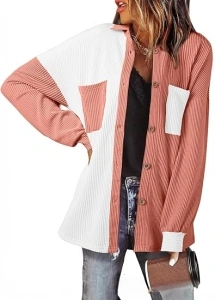 EVALESS Lightweight Jackets for Women Trendy Long Sleeve Button Down Knit Shacket Jacket Fall 2024 Color Block Shirts Clothes