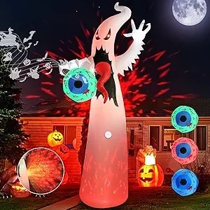 Elegear 12FT Outdoor Halloween Inflatables Ghost with Induction Horn Will Scream, Blow Up Yard Decorations with Flame Projection & Color-Changing RGB Lights, Giant Halloween Decoration for Holiday