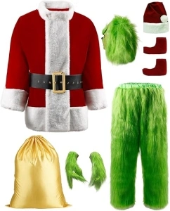 Green Christmas Costume for Men Halloween Costumes Adult Santa Costume with Mask 8PCS Deluxe Funny Cosplay Outfit