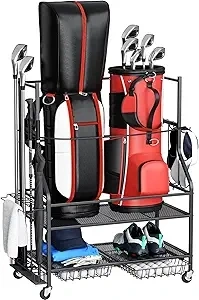 VOPEAK Golf Bag Organizer, Golf Bag Stand for Bag Storage, Golf Organizer for Golf Clubs, Golf Balls, Golf Equipment Accessories, Easy Assembly Golf Storage Organizer for Garage, Club, Shed, Basement