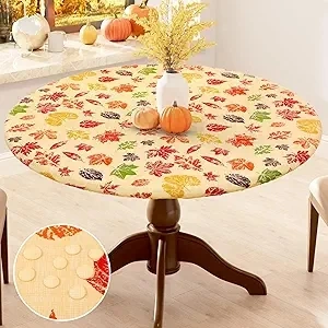 Smiry Leaves Round Tablecloth, Waterproof Elastic Fitted Table Covers for 36