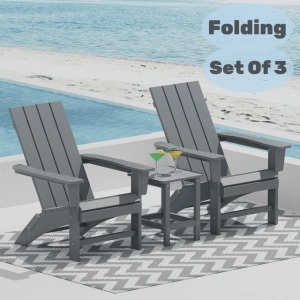 Garpans Folding Adirondack Chair Set with Side Table HDPE All Wheather Outdoor Foldable Adirondack Chair Table Set Patio Chairs with Table for Outside Garden Pool Front Porch Deck Fire Pit, Gray