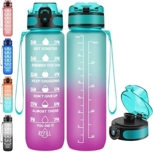 Esgreen Motivational Water Bottle 32 oz No Straw, Large 1L Drinking Water Bottles With Times To Drink, Lightweight Big BPA FREE Plastic Waterbottles For Travel Sports School Gym For Women Men Girls