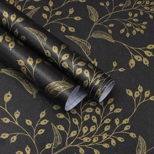 Heroad Brand Peel and Stick Wallpaper Black and Gold Wallpaper Boho Peel and Stick Wallpaper Floral Contact Paper Leaf Removable Wallpaper Self Adhesive for Cabinet Shelf Liner Vinyl Roll 118