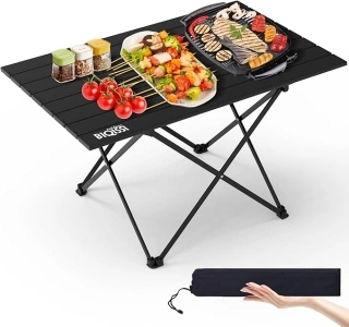 Portable Camping Table, Compact Camping Side Table with Carrying Bag, Ultralight Aluminum Beach Table Folding for Hiking, Camping, Picnicking, BBQ, Outdoor Cooking (Black Large 27