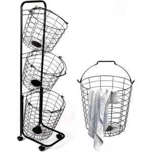 YOUPINS Removable 3 Tier Metal Rolling Laundry Basket Cart,Large Capacity Wire Basket Laundry Hamper with Wheels, Laundry Butler for Bathroom Bedroom Laundry Room, Black