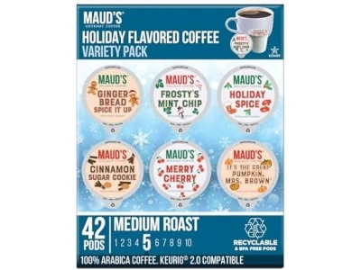 Maud's Holiday Flavored Coffee Pods Variety Pack, 42 ct | Fall, Holiday, & Christmas Blends | 100% Arabica Flavored Coffee |Solar Energy Produced Recyclable Pods Compatible with Keurig K Cups Maker