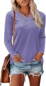 Womens Tops Dressy Casual V Neck Long Sleeve Lace Splice T Shirts Cute Fashion Clothes 2024