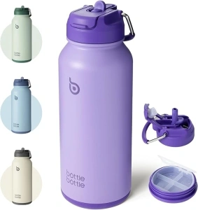 BOTTLE BOTTLE 32oz Insulated Water Bottle Stainless Steel Sport Water Bottle with Straw Dual-use Lid Design for Gym with Pill Box (dark purple)