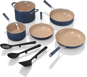 Ninja Ceramic Cookware Set, Extended Life 11-Piece Kitchen Cookware Sets with Comfort Grip, Nonstick Fry Pans, Pots, PFAS Free, Oven & Dishwasher Safe, Stovetop Compatible, Navy Blue, CW49011