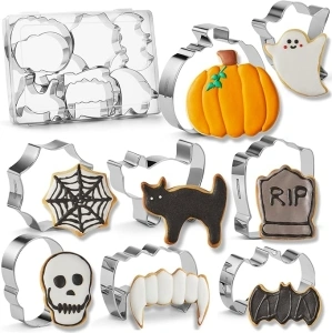 Halloween Cookie Cutter Set，8 PCS Holiday Stainless Steel Baking Cutter Molds - Pumpkin Ghost Bat Cat Skull Tombstone Spider Web Vampire Teeth for Halloween Food Party Decorations