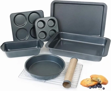 8-Piece Baking Pans Set with Rack, Nonstick Bakeware Include Muffins & Muffin Tops Pan, Baking Tray, Cookie Sheet with Mat, Loaf Pan, Round Cake Pan, Carbon Steel Baking Set