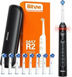 Bitvae R2 Rotating Electric Toothbrush for Adults with 8 Brush Heads, Travel Case, 5 Modes Rechargeable Power Toothbrush with Pressure Sensor, 3 Hours Fast Charge for 30 Days, Black