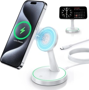 Magnetic Wireless Charger Stand 15W Fast Mag-Safe Charger for iPhone 15/15 Pro/15 Plus/15 Pro Max/14/13/12 Series Magnet Wireless Charging Station/Pad with Sleep-Friendly Light for AirPods