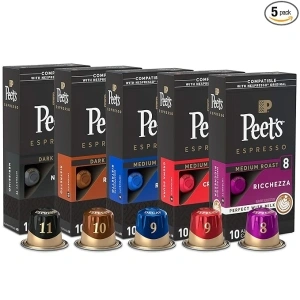 Peet's Coffee, Espresso Coffee Pods Variety Pack, Dark, Medium & Decaf Roasts, Intensity 8-10, 50 Count (5 Boxes of 10 Espresso Capsules)