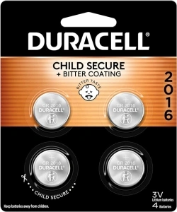 Duracell CR2016 3V Lithium Battery, Child Safety Features, 4 Count Pack, Lithium Coin Battery for Key Fob, Car Remote, Glucose Monitor, CR Lithium 3 Volt Cell