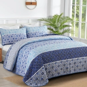 WONGS BEDDING Bohemian Quilt King Size, Blue Striped Patchwork Bedspread Coverlet Set, Blue Boho Summer Quilt Set Soft Microfiber Bedding Set with 2 Pillowcases for All Seasons (104