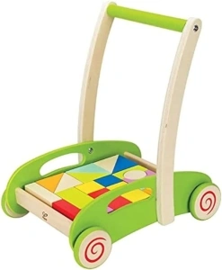 Hape Block and Roll Cart Toddler Wooden Push and Pull Toy Multicolored, L: 13.9, W: 11.1, H: 16.1 inch