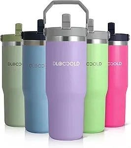 DLOCCOLD 30 oz Stainless Steel Tumbler with Flip Straw & Handle, Insulated Double Walled Water Bottle for Home, Office, Car, Leak Proof, Reusable Cup 2-in-1 Straw & Sip Lid Women Men