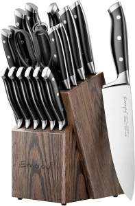 Emojoy Knife Set, 18-Piece Kitchen Knife Set with Block Wooden, Manual Sharpening for Chef Knife Set, German Stainless Steel