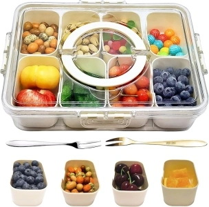 Snackle Box Container, Divided Serving Tray with Lid and Handle for Portable Snack Platters - Clear Snack Box Organizer for Fruits, Candy, Veggies, Nuts for Party, Travel, Outdoor, Picnic