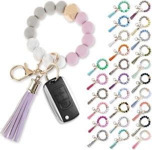 Women Silicone Beads Key Ring Chain Wristlet Keychain Bracelet with Card Holder Leather Tassel Bangle