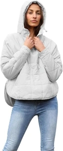 Women's Pullover Puffer Jacket Quilted Lightweight Dolman Sleeve Button Down Hooded Padded Coat with Pocket