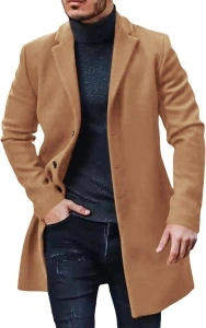 PASLTER Mens Trench Coat Slim Fit Notched Collar Fall Winter Single Breasted Pea Coat Warm Soft Overcoat