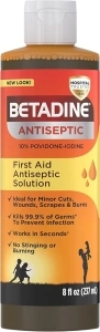 Betadine Antiseptic Liquid First Aid Solution, Povidone-iodine 10%, Infection Protection, Kills Germs In Minor Cuts Scrapes And Burns, No Sting Promise, No Alcohol or Hydrogen Peroxide, 8 FL OZ