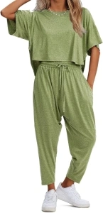 EXLURA Women's Summer 2 Piece Outfits Short Sleeve Crop Top and Jogger Pants Loose Pajama Lounge Matching Sets Tracksuit 2024