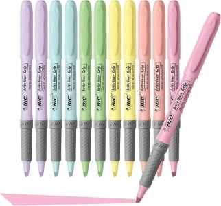 BIC Brite Liner Grip Pastel Highlighter Set, Chisel Tip, 12-Count Pack of Pastel Highlighters in Assorted Colors, Cute Highlighters for Bullet Journaling, Note Taking and More