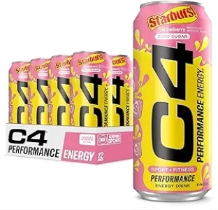 C4 Performance Energy Drink | STARBUST™ Strawberry | Zero Sugar Carbonated Preworkout Energy | 200mg Caffeine with Beta Alanine | 16 Fl Oz (12 Pack)