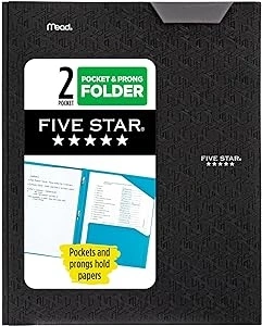 Five Star 2 Pocket Folder, Stay-Put Folder, Plastic Colored Folders with Pockets & Prong Fasteners for 3-Ring Binders, Great for Home School Supplies & Home Office, 11” x 8-1/2, Black (72113)