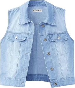 luvamia Denim Vest for Women Sleeveless Cropped Jean Jacket Vests Top Western Outfit Fashion Casual Vests with Pockets