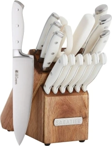 Sabatier 15-Piece Forged Triple Rivet Knife Block Set, High-Carbon Stainless Steel Kitchen Knives, Razor-Sharp Knife set with Acacia Wood Block, White Handles