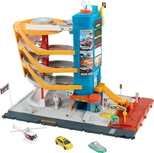 Matchbox Toy Vehicles & Playset, Transportation Center with 5 Levels, Kid- & Car-Activated Features, 1:64 Scale Taxi, Boat & Helicopter & Food Vendor