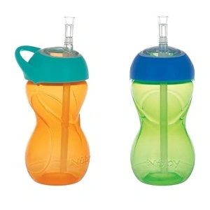 Nuby No-Spill Clik-it Flexi Straw 10oz Cup, Leak-Proof & Easy-Grip Design with Carabiner Attachment for On-The-Go Hydration, 2 pack, 6+M, Neutral Colors