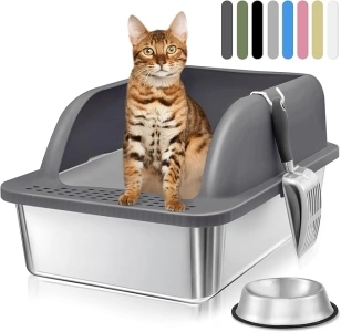 Stainless Steel Litter Box, 24'' x 16'' x 12'' Enclosed Cat Litter Box Stainless Steel with Lid, XL Extra Large Litter Box for Big Cats, Metal Litter Box High Sided with Scoop (Dark Grey)