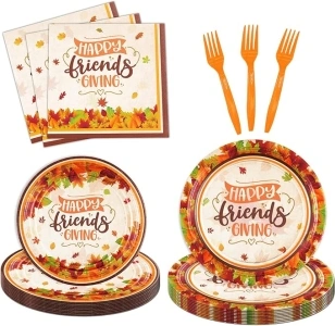 KORHONEN Friendsgiving Party Decorations, 96Pcs Thanksgiving Tableware Set Includes Friendsgiving Napkins Plates Forks, Friendsgiving Maple Leaves Party Supplies