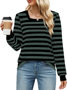 Women Striped Fall Shirts Long Sleeve Casual Top Square Neck Comfy Blouses for Daily Wear