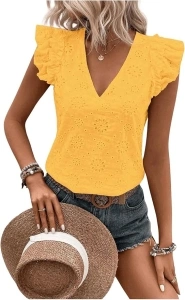 Women's Casual Eyelet Embroidery Cap Sleeve V Neck Ruffle Trim Regular Fit Blouse Shirts Top