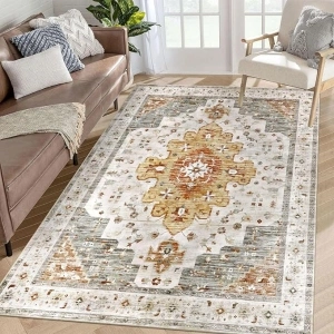 SHACOS 5x7 ft Area Rug for Living Room Machine Washable Rug Boho Vintage Rug Non Slip Low Pile Ultra Thin Carpet Soft Area Rug for Bedroom Kitchen Dining Room Indoor, Turmeric/Gray 5'x7'